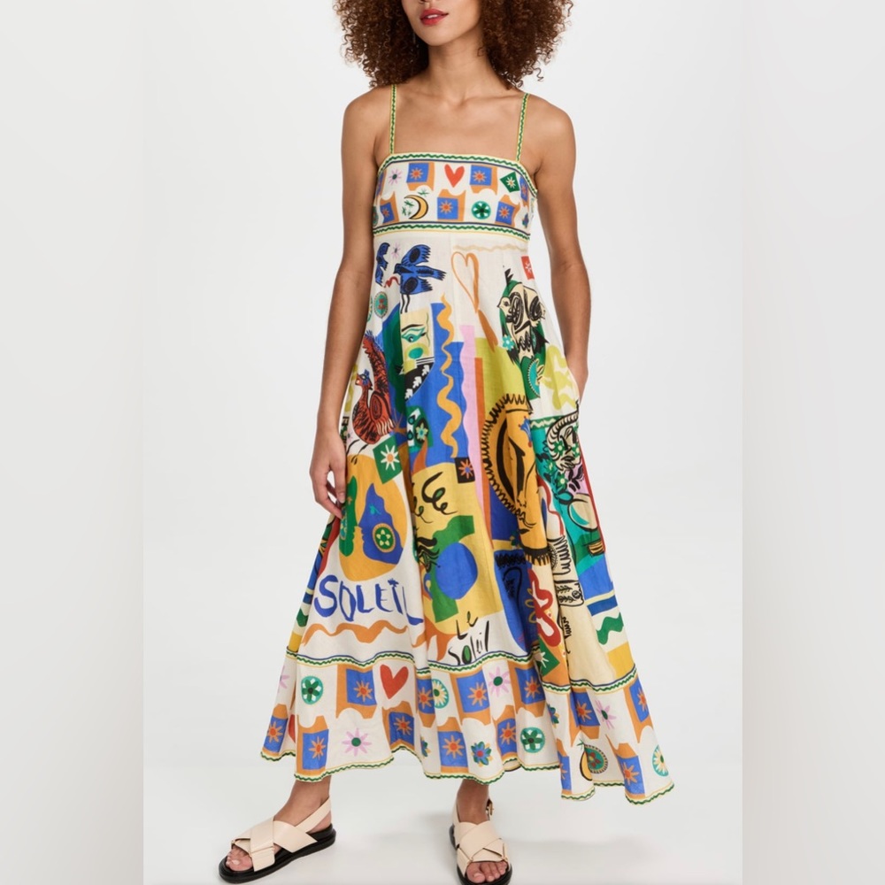 Soleil Full Skirt LINEN Sundress, Mixed Media Luxury Print - Picture 4 of 12